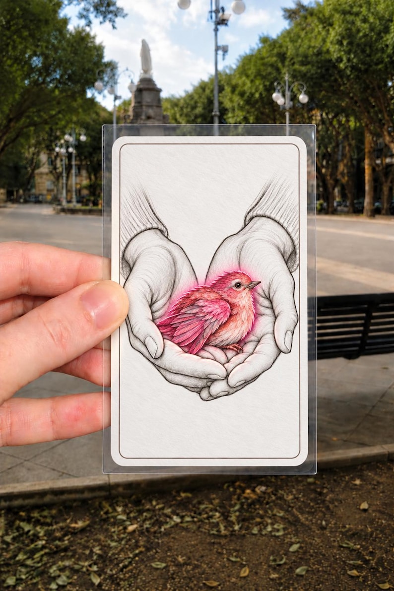 May include: A rectangular card featuring a detailed black and white ink illustration of two cupped hands holding a small, vibrant pink bird. The bird has soft, textured feathers and a bright pink glow surrounding its body, contrasting with the sketch.