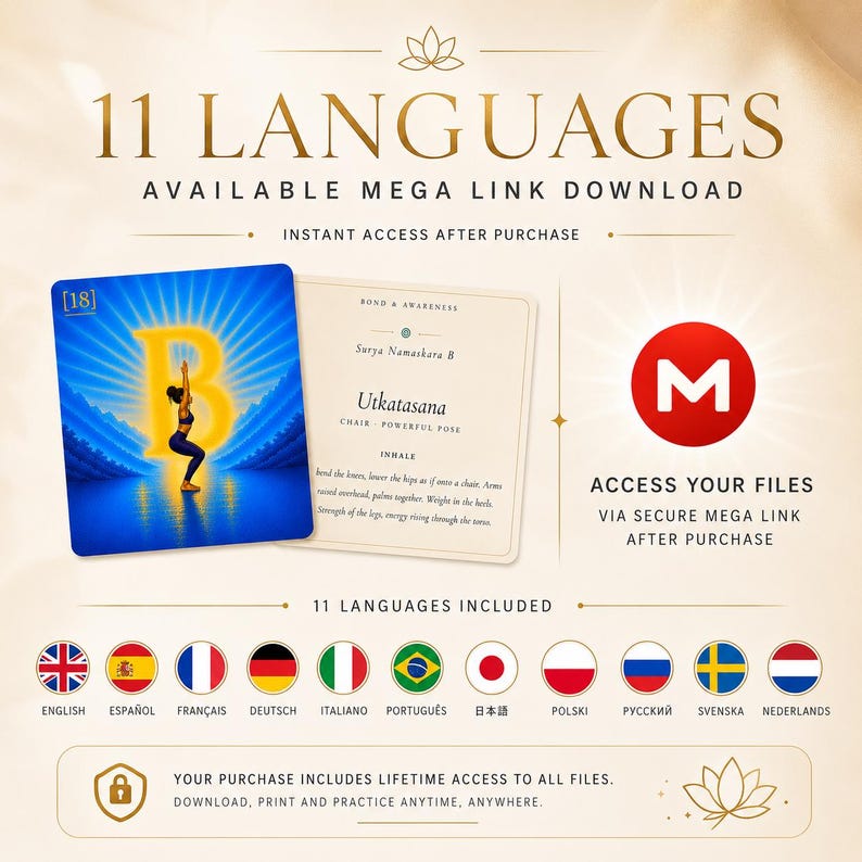 May include: A digital download graphic featuring a yoga pose card with the text Utkatasana, Chair Powerful Pose, and Surya Namaskara B. The image includes a Mega link icon, text stating 11 languages available, and a row of eleven national flags.