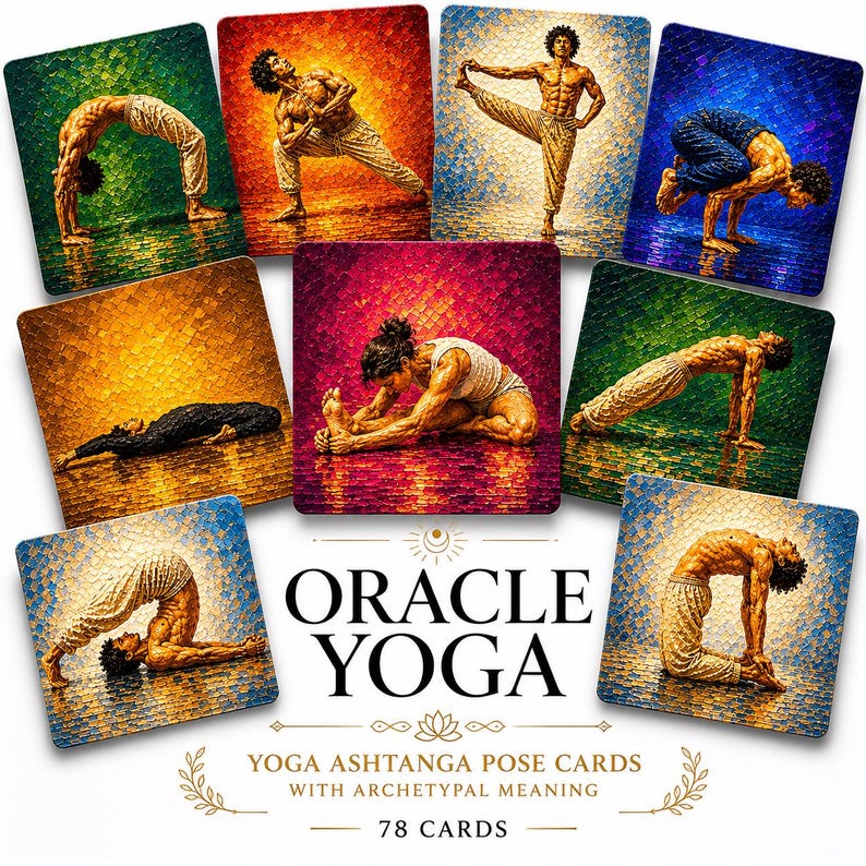 May include: Oracle Yoga Ashtanga pose cards featuring artistic illustrations of yoga poses. The cards have a textured, mosaic-like background with a variety of colors. The text "Oracle Yoga" and "78 Cards" are visible.