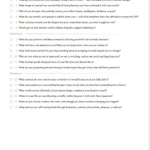 May include: A white page titled SHADOW WORK Journal Prompts with sections for Identity, Emotions, and Presence. It lists eighteen numbered questions with checkboxes, ending with the text Bond & Awareness A SPACE FOR THOSE WHO DARE TO LOOK WITHIN.