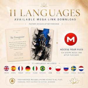 May include: A digital download graphic featuring the text 11 LANGUAGES AVAILABLE MEGA LINK DOWNLOAD. It displays a card titled The Transgressor with a charcoal-style illustration of a figure with glowing blue eyes, alongside a red Mega logo icon.