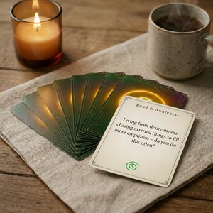Puede incluir: Una vela encendida en un tarro de cristal, una taza de té y una baraja de cartas del oráculo están dispuestas sobre un paño de lino. Las cartas tienen un diseño verde y dorado. Una carta dice "Bond & Awareness" y contiene texto.