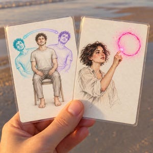 May include: Two rectangular cards featuring detailed pencil-style illustrations. The left card shows a person sitting on a chair with blue and purple translucent outlines. The right card depicts a person pointing at a glowing pink circular light.