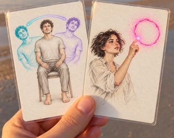 May include: Two rectangular cards featuring detailed pencil-style illustrations. The left card shows a person sitting on a chair with blue and purple translucent outlines. The right card depicts a person pointing at a glowing pink circular light.