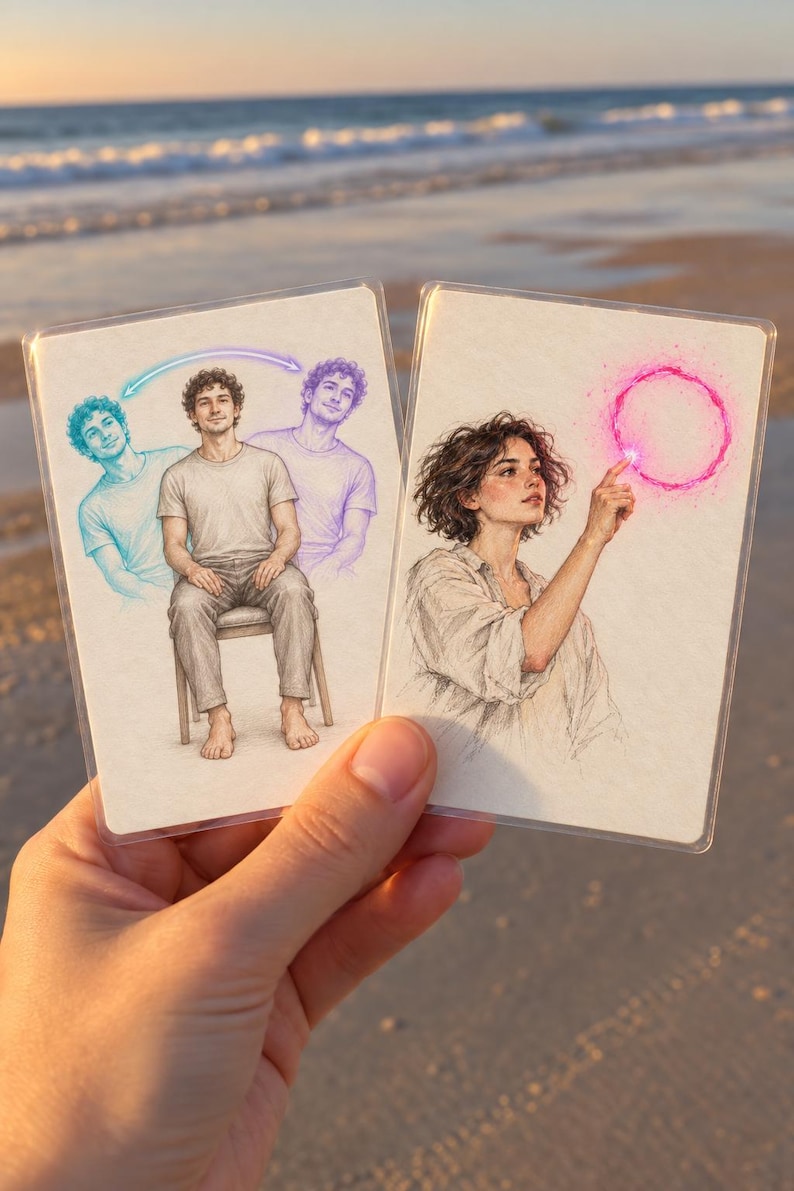 May include: Two rectangular cards featuring detailed pencil-style illustrations. The left card shows a person sitting on a chair with blue and purple translucent outlines. The right card depicts a person pointing at a glowing pink circular light.