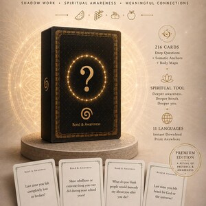 May include: A black box for the Deep Questions Card Game featuring a gold question mark and the text Bond & Awareness. Four white cards are displayed in front, each with a unique question printed in black text, set against a light background.