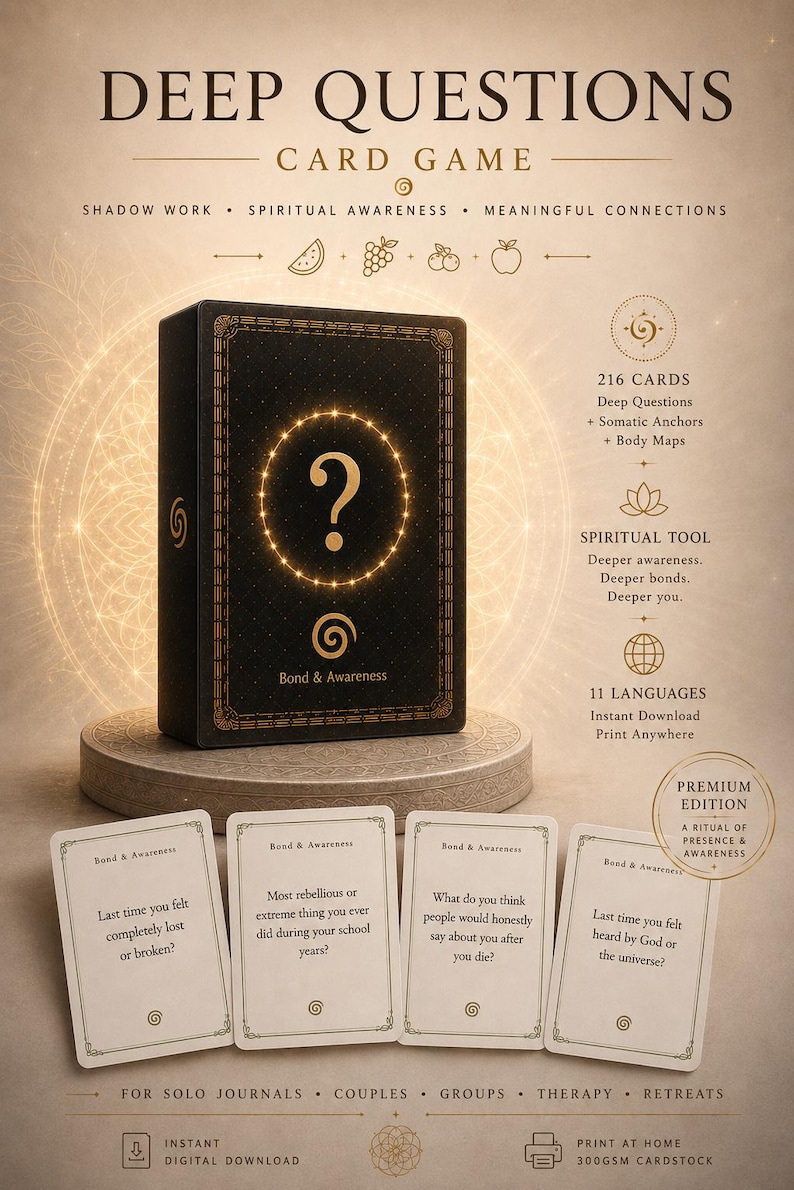 May include: A black box for the Deep Questions Card Game featuring a gold question mark and the text Bond & Awareness. Four white cards are displayed in front, each with a unique question printed in black text, set against a light background.