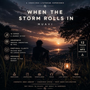 Può includere: Copertina dell'album digitale per "When the Storm Rolls In" di MUAVI. L'immagine mostra una persona che guarda un tramonto, con una lanterna e un libro in primo piano. Include 12 tracce e download MP3. Genere musicale: indie ambient.