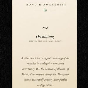 May include: A rectangular off-white card featuring the text BOND & AWARENESS at the top, followed by a green spiral icon. Below, the word Oscillating appears above the text BETWEEN TRUE AND FALSE - DOUBT and a paragraph describing structural uncertainty.