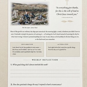 May include: A white printed devotional sheet titled A Year With Christ Week 4 Gratitude. It features a painting of The Ten Lepers by James Tissot, the verse 1 Thessalonians 5:18, a written reflection, a declaration, an action step, and lines for notes.