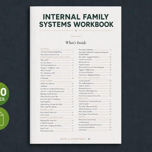 Puede incluir: Un libro de trabajo blanco titulado Internal Family Systems Workbook con una tabla de contenidos detallada que enumera secciones como The Wheel, Going Deeper y Practices & Meditations. Dos iconos verdes indican 140 p&aacute;ginas y formato PDF.