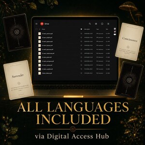 May include: A laptop displays a file list with various language options. Surrounding the laptop are oracle cards with gold accents and text. The image includes the text "ALL LANGUAGES INCLUDED via Digital Access Hub."