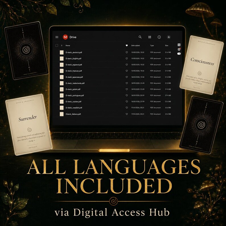 May include: A laptop displays a file list with various language options. Surrounding the laptop are oracle cards with gold accents and text. The image includes the text "ALL LANGUAGES INCLUDED via Digital Access Hub."