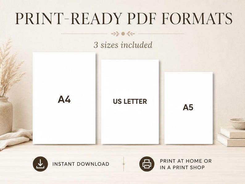 May include: A digital graphic displaying PRINT-READY PDF FORMATS with 3 sizes included. Three white rectangular paper icons are labeled A4, US LETTER, and A5. Below are two circular icons with text reading INSTANT DOWNLOAD and PRINT AT HOME OR IN A PRINT SHOP.