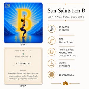 May include: A set of 19 Sun Salutation B Ashtanga yoga sequence cards measuring 90mm x 90mm. The front features a blue and yellow graphic with a person in a chair pose, while the back displays the text Utkatasana, Chair, Powerful Pose, and instructions.
