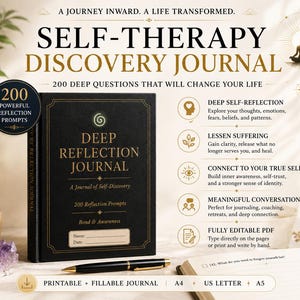 May include: A black hardcover journal titled Deep Reflection Journal with gold lettering and a spiral icon. The cover features a name and date field. Text includes 200 Powerful Reflection Prompts, Deep Self-Reflection, Lessen Suffering, Connect to Your True Self, Meaningful Conversations, and Fully Editable PDF. Includes A4, US Letter, and A5 sizes.