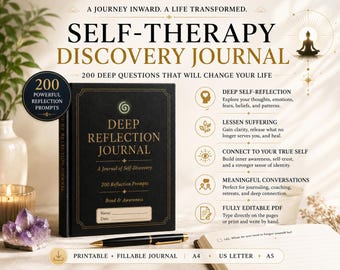 May include: A black hardcover journal titled Deep Reflection Journal with gold lettering and a spiral icon. The cover features a name and date field. Text includes 200 Powerful Reflection Prompts, Deep Self-Reflection, Lessen Suffering, Connect to Your True Self, Meaningful Conversations, and Fully Editable PDF. Includes A4, US Letter, and A5 sizes.