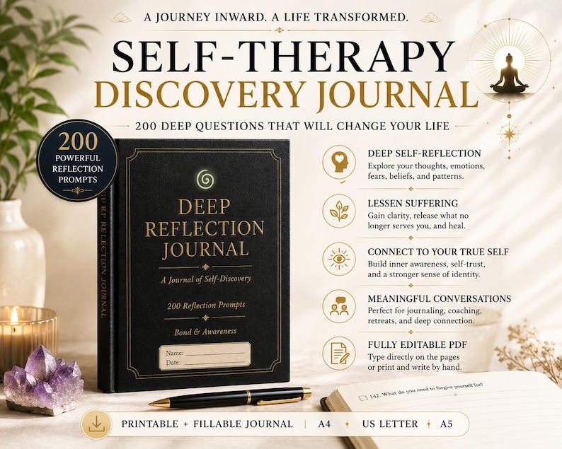 May include: A black hardcover journal titled Deep Reflection Journal with gold lettering and a spiral icon. The cover features a name and date field. Text includes 200 Powerful Reflection Prompts, Deep Self-Reflection, Lessen Suffering, Connect to Your True Self, Meaningful Conversations, and Fully Editable PDF. Includes A4, US Letter, and A5 sizes.