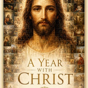 May include: A book cover titled A YEAR WITH CHRIST, A GUIDED JOURNAL FOR A YEAR OF FAITH, RENEWAL, GRATITUDE & SPIRITUAL GROWTH. The design features a large central portrait of Jesus composed of a mosaic of smaller religious scenes in warm tones.