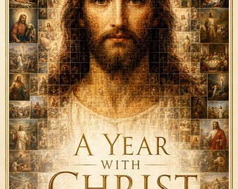 May include: A book cover titled A YEAR WITH CHRIST, A GUIDED JOURNAL FOR A YEAR OF FAITH, RENEWAL, GRATITUDE & SPIRITUAL GROWTH. The design features a large central portrait of Jesus composed of a mosaic of smaller religious scenes in warm tones.