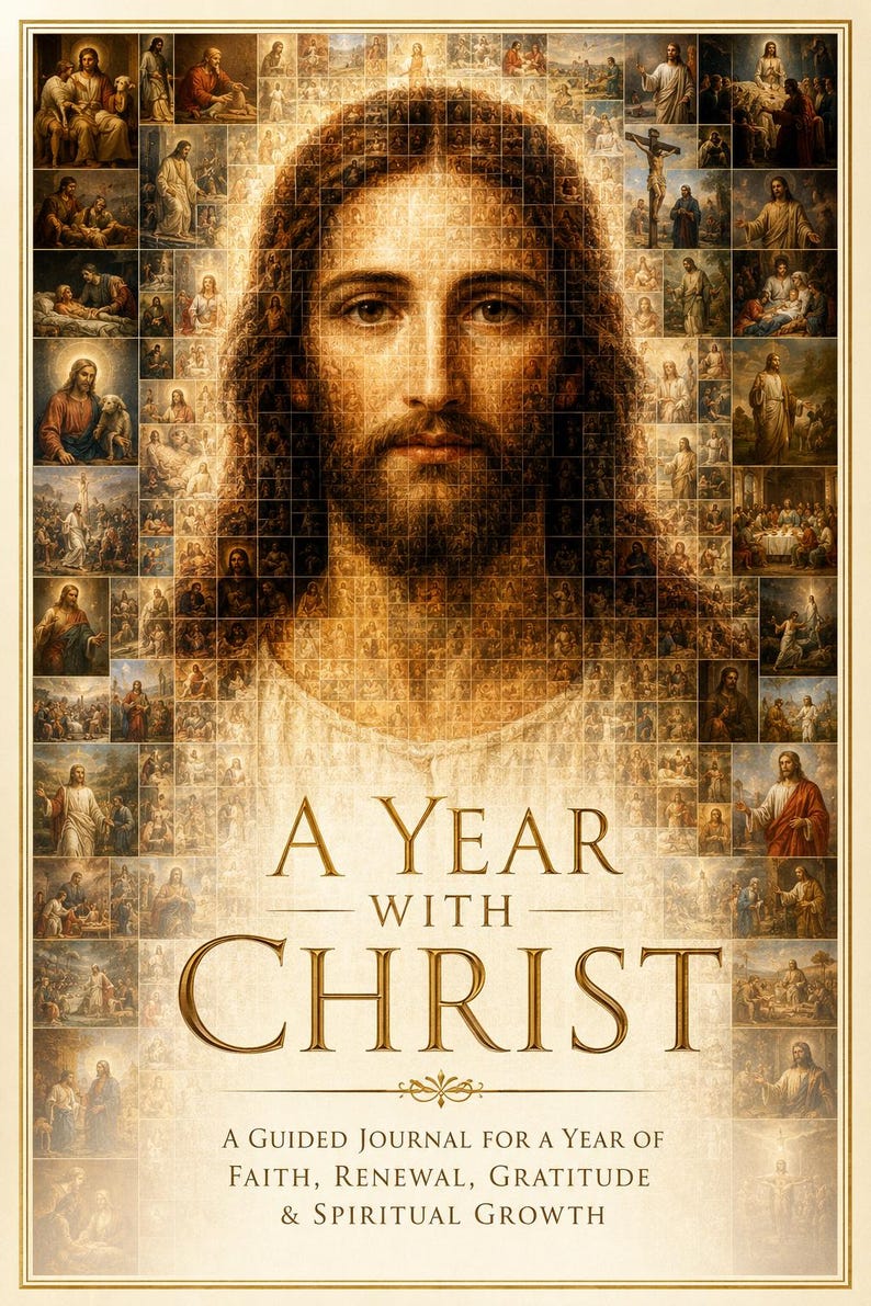 May include: A book cover titled A YEAR WITH CHRIST, A GUIDED JOURNAL FOR A YEAR OF FAITH, RENEWAL, GRATITUDE & SPIRITUAL GROWTH. The design features a large central portrait of Jesus composed of a mosaic of smaller religious scenes in warm tones.