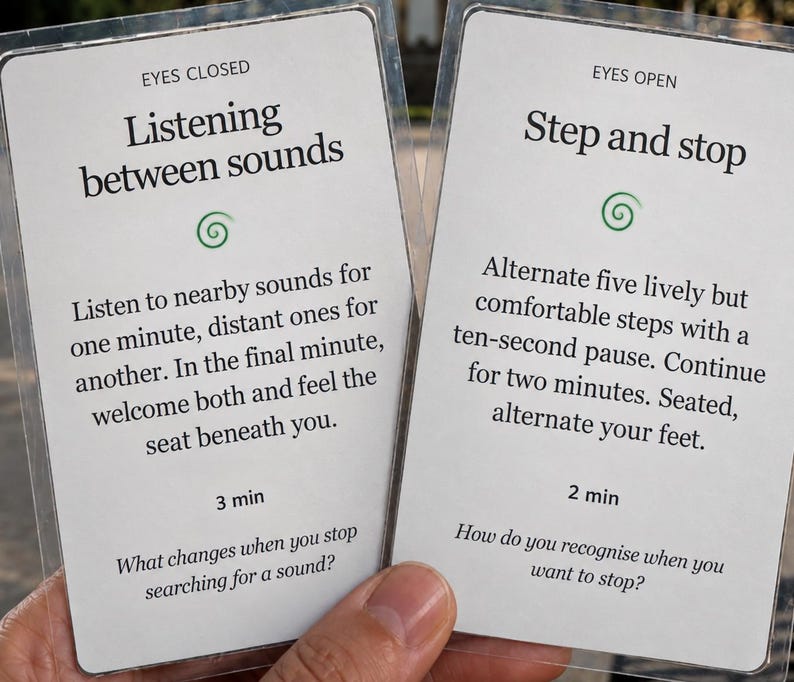 May include: Two white rectangular cards with black text and green spiral icons. The left card titled EYES CLOSED reads Listening between sounds, with instructions for a 3 min exercise. The right card titled EYES OPEN reads Step and stop, with instructions for a 2 min exercise.