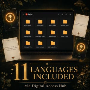 May include: A laptop screen displaying a digital drive interface with eleven yellow folders labeled by language, surrounded by four game cards featuring question marks and text, with the gold text 11 LANGUAGES INCLUDED via Digital Access Hub.
