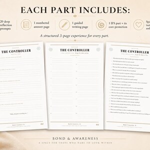 May include: Three white pages titled The Controller, featuring structured writing prompts and numbered lines for self-reflection. The text includes 20 deep reflection prompts, a guided writing page, and an answer page, designed for insight and integration.