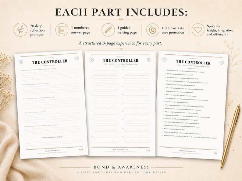May include: Three white pages titled The Controller, featuring structured writing prompts and numbered lines for self-reflection. The text includes 20 deep reflection prompts, a guided writing page, and an answer page, designed for insight and integration.