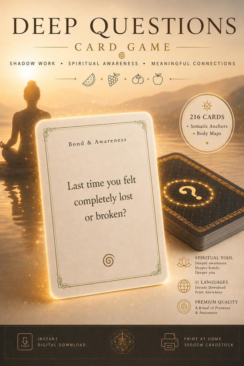 May include: A Deep Questions card game set featuring a deck of 216 cards with somatic anchors and body maps. One card displays the text Bond & Awareness and Last time you felt completely lost or broken? The design includes gold accents and icons.