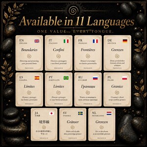 May include: A product image featuring cards with text in multiple languages, including English, French, and Spanish. The cards have a gold spiral design and are surrounded by decorative elements. The text on the cards focuses on personal limits.