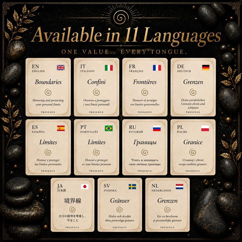 May include: A product image featuring cards with text in multiple languages, including English, French, and Spanish. The cards have a gold spiral design and are surrounded by decorative elements. The text on the cards focuses on personal limits.