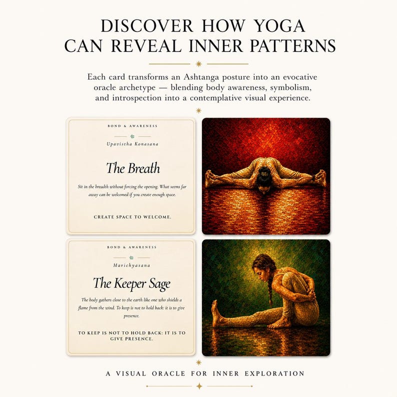 May include: A visual oracle for inner exploration. The image features cards with yoga poses and text. The cards include the phrases "The Breath" and "The Keeper Sage." The image also includes the text "Discover How Yoga Can Reveal Inner Patterns."