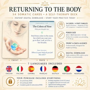 May include: A digital somatic self-therapy deck titled Returning to the Body, featuring 54 cards measuring 2.5 by 3.5 inches. The cards display illustrations and text prompts like The Colors of Now, organized into four families for awareness and regulation.