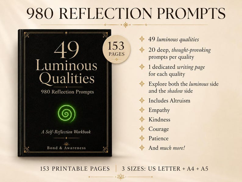 May include: A black workbook titled 49 Luminous Qualities 980 Reflection Prompts with a green spiral icon. The text lists 153 pages, 49 qualities, 20 prompts per quality, and writing pages. It notes 3 sizes: US Letter, A4, and A5 for printable pages.