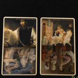 May include: Two rectangular art cards featuring four classic paintings. The left card displays Aristotle with a Bust of Homer by Rembrandt and Job and His Three Friends by William Blake. The right card shows Saint Martin Dividing His Cloak by Simone Martini and The Fortune Teller by Georges de La Tour.