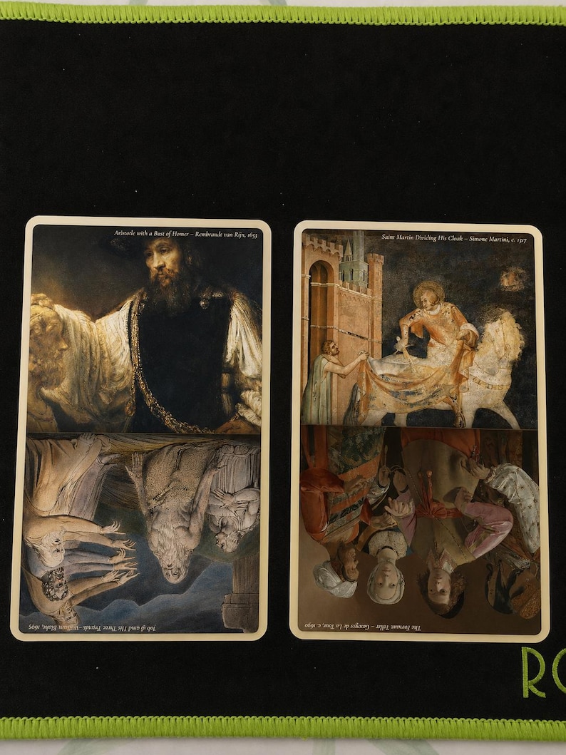 May include: Two rectangular art cards featuring four classic paintings. The left card displays Aristotle with a Bust of Homer by Rembrandt and Job and His Three Friends by William Blake. The right card shows Saint Martin Dividing His Cloak by Simone Martini and The Fortune Teller by Georges de La Tour.