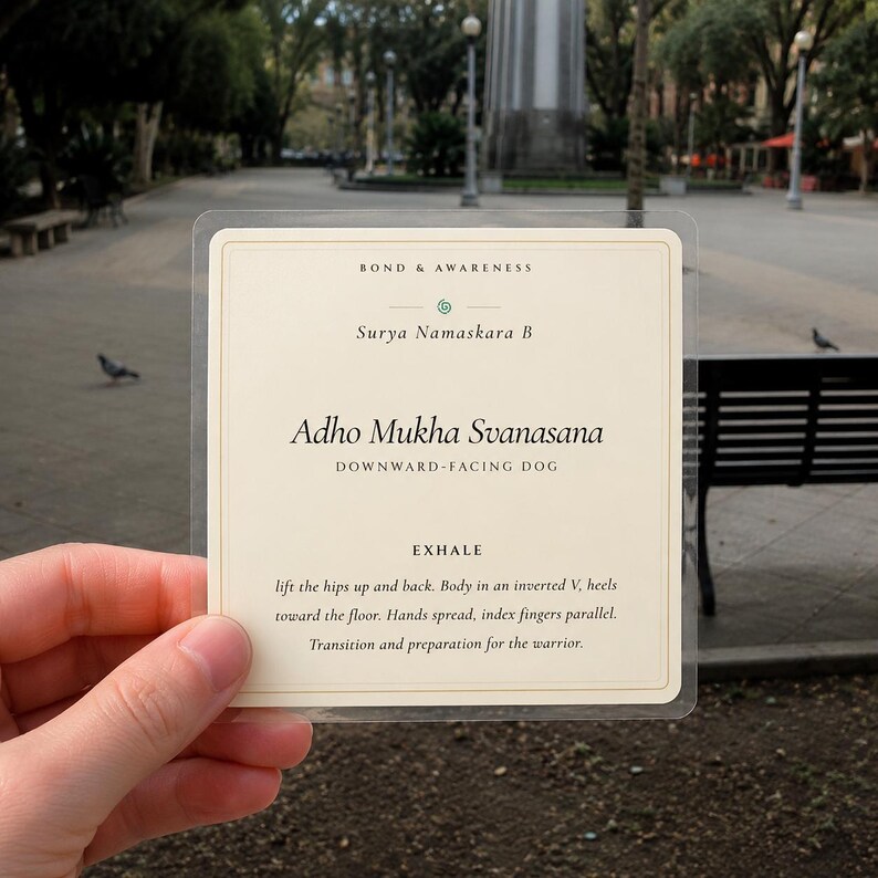 May include: A square, cream-colored card with a thin border, featuring the text Bond & Awareness, Surya Namaskara B, Adho Mukha Svanasana, Downward-Facing Dog, Exhale, and instructions to lift the hips up and back, body in an inverted V.