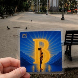May include: A square card featuring a blue background with a large, glowing yellow letter B. In front of the letter, a person stands in a yoga pose. The top left corner displays the text [19]. The card is encased in a clear plastic protective sleeve.