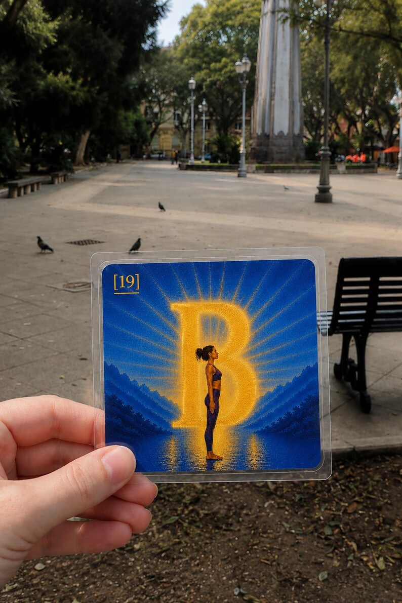 May include: A square card featuring a blue background with a large, glowing yellow letter B. In front of the letter, a person stands in a yoga pose. The top left corner displays the text [19]. The card is encased in a clear plastic protective sleeve.