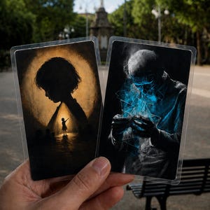 May include: Two rectangular trading cards in clear protective sleeves. The left card features a silhouette of a child reaching toward a bright light against a dark, golden background. The right card depicts a figure surrounded by glowing blue geometric shapes.