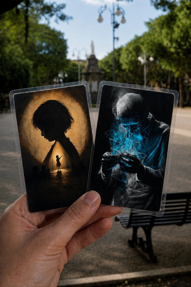 May include: Two rectangular trading cards in clear protective sleeves. The left card features a silhouette of a child reaching toward a bright light against a dark, golden background. The right card depicts a figure surrounded by glowing blue geometric shapes.