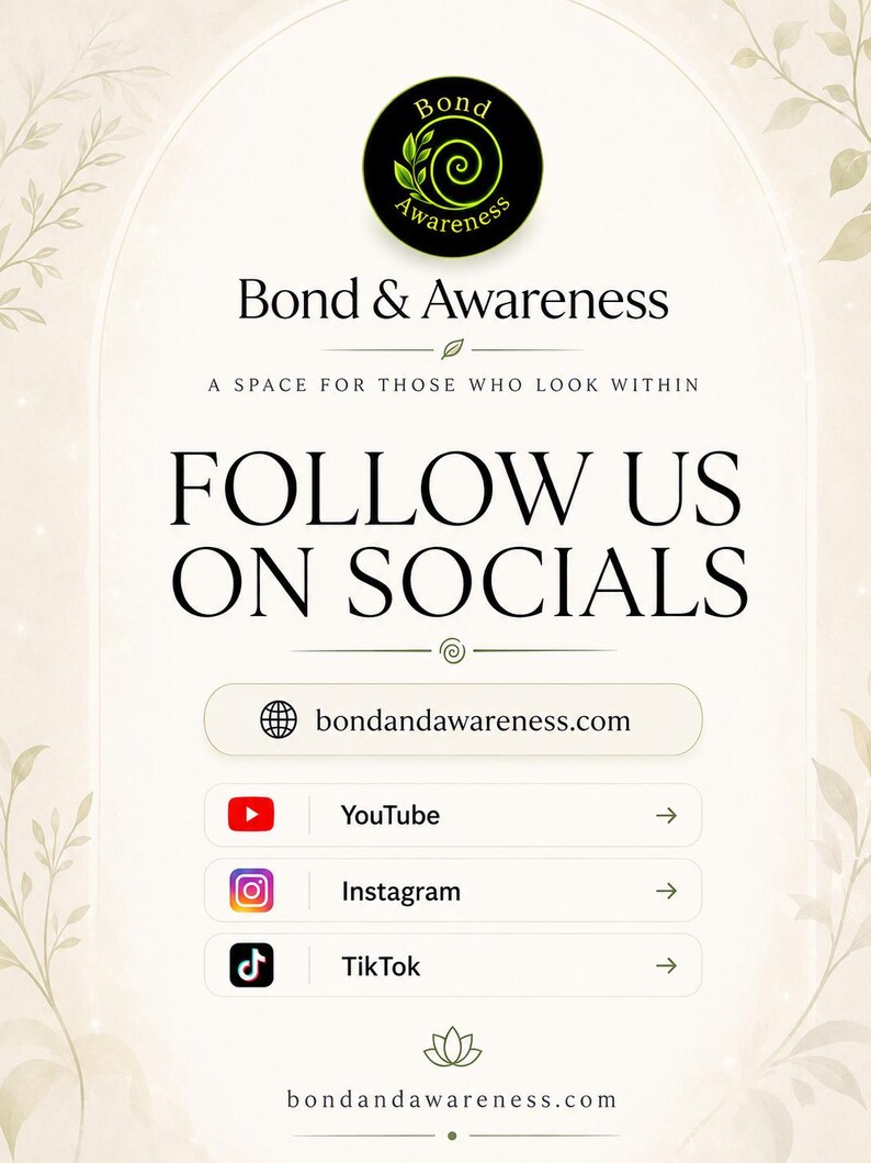 May include: A social media promotional graphic featuring the Bond & Awareness logo, a black circle with a green spiral and leaf design. The text reads: Bond & Awareness, A SPACE FOR THOSE WHO LOOK WITHIN, FOLLOW US ON SOCIALS, bondandawareness.com, YouTube, Instagram, and TikTok.