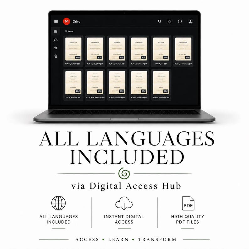 May include: A laptop displays a Drive folder with 11 PDF files, each labeled with a different language, including English, French, and Japanese. Below the laptop, the text reads "ALL LANGUAGES INCLUDED" and "via Digital Access Hub."