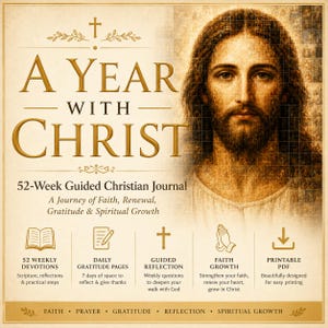 May include: A 52-week guided Christian journal titled A Year With Christ, featuring a portrait of Jesus composed of smaller images. The cover includes gold text, icons for devotions, gratitude, reflection, faith, and printable PDF options.