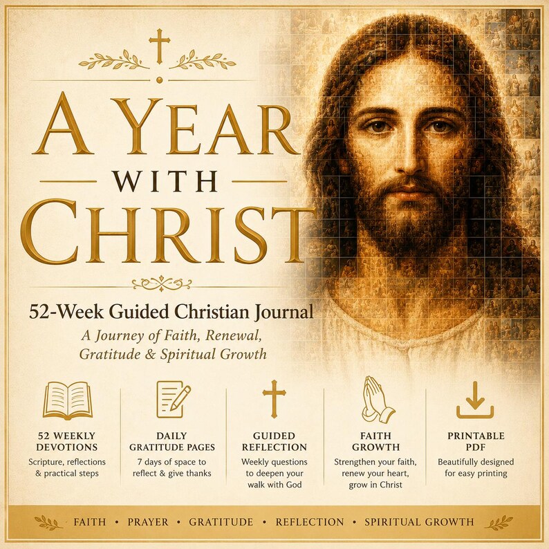 May include: A 52-week guided Christian journal titled A Year With Christ, featuring a portrait of Jesus composed of smaller images. The cover includes gold text, icons for devotions, gratitude, reflection, faith, and printable PDF options.
