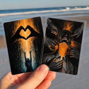 May include: Two rectangular art cards in clear protective sleeves. The left card shows a silhouette of a person reaching toward a glowing heart shape formed by hands. The right card depicts a person surrounded by multiple hands with orange light.