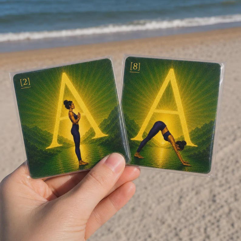 May include: Two square cards featuring a large yellow letter A against a green landscape with a sunburst. The card on the left shows a person in a standing pose labeled [2]. The card on the right shows a person in a downward dog pose labeled [8].