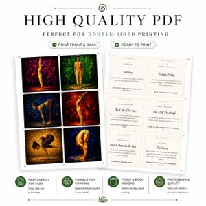 May include: A high-quality PDF featuring yoga poses and instructions. The image includes a grid of yoga poses with colorful backgrounds and text descriptions. The text reads "HIGH QUALITY PDF" and "PERFECT FOR DOUBLE-SIDED PRINTING."