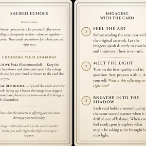 May include: Two rectangular cards with cream backgrounds and dark text. The left card is titled Sacred Echoes and provides instructions on choosing a doorway. The right card is titled Engaging with the Card and lists three numbered steps for interaction.
